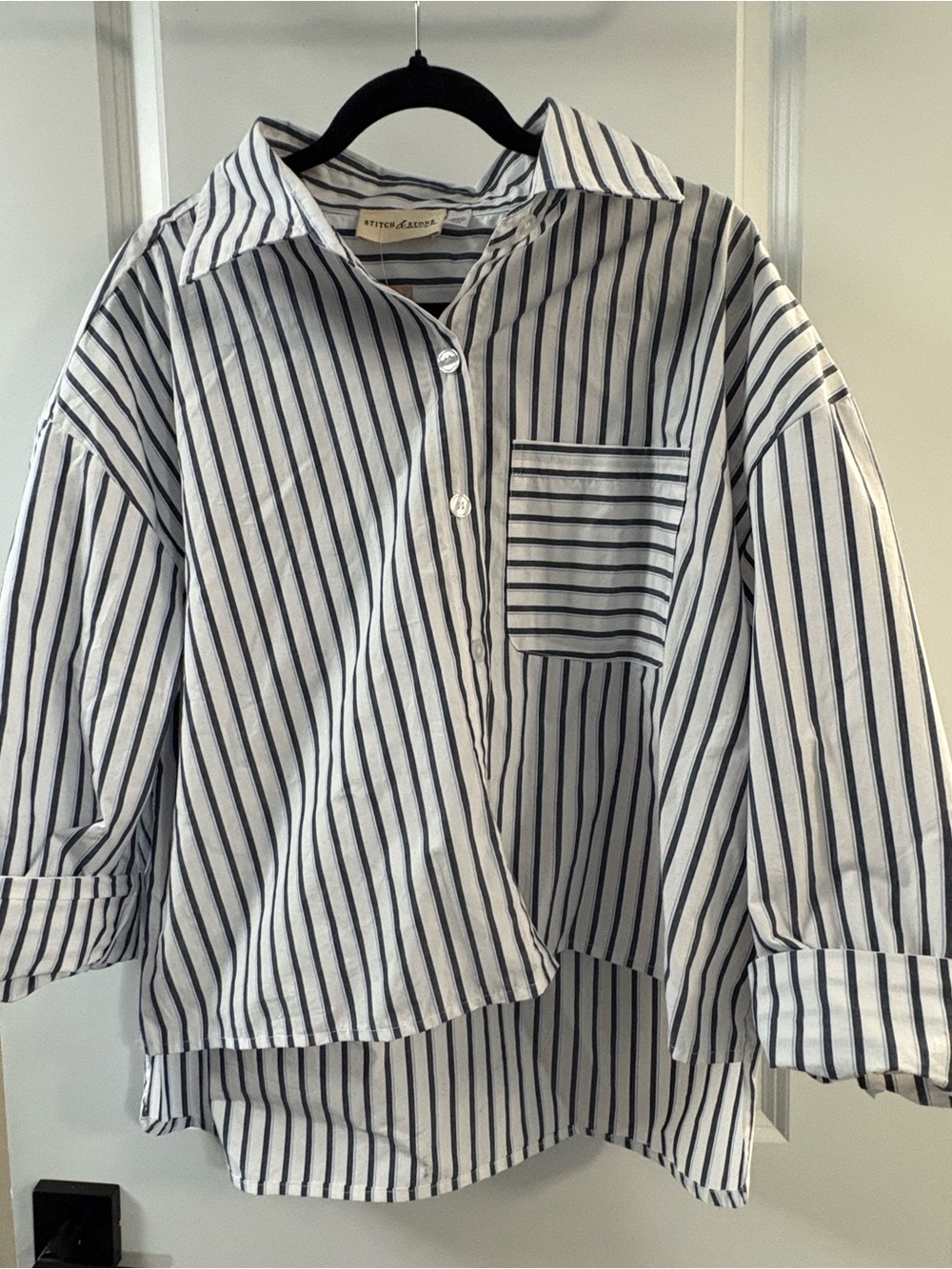 Relaxed White Button-Down Shirt with Navy Stripes